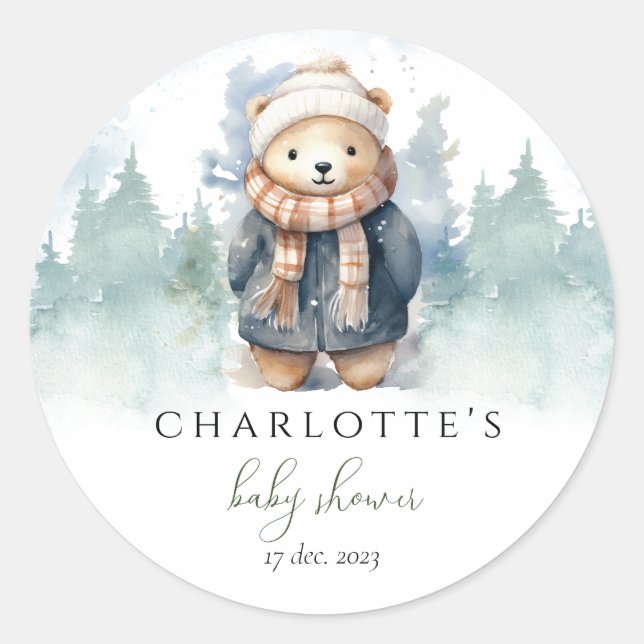 Pegatina Baby Shower Winter Forest Cute Bear (Anverso)