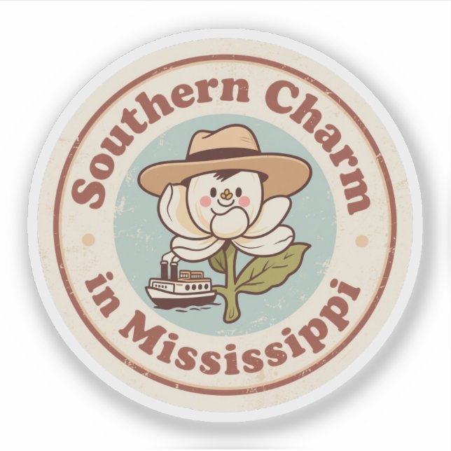 Pegatina Badge retro misisipi_ Magnolia con barco de vapor (Anverso)