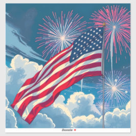 Pegatina Bandera Patriótica Americana con fuegos artificial
