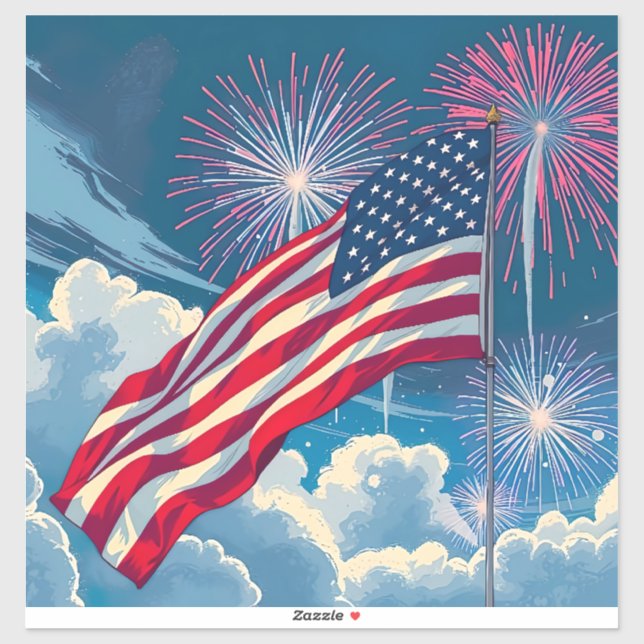 Pegatina Bandera Patriótica Americana con fuegos artificial (Hoja)