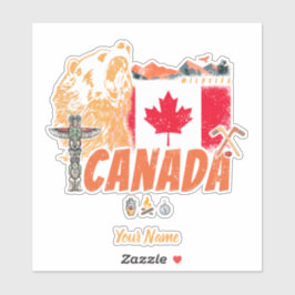 Pegatina Bandera Vintage De Canadá Y Vacaciones De Oso Griz