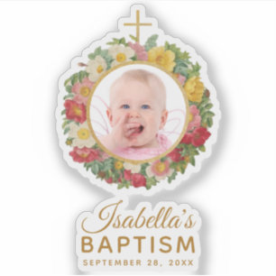 Pegatina Baptismo chica Bebé Rosa de foto Wreath Cross Scri