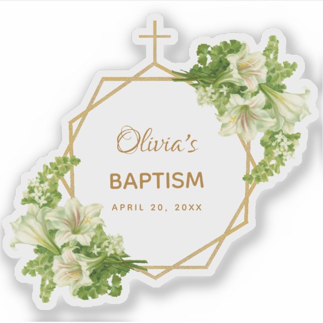 Pegatina Baptismo chica Oro Floral Lilies Blancos Geométric (Anverso)