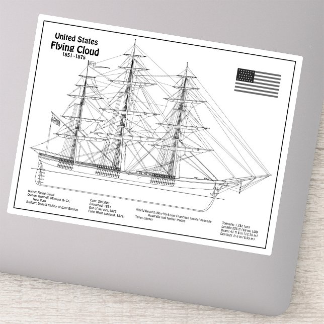 Pegatina Barco Clipper Flying Cloud - Plano del barco BD (Clipper Ship Flying Cloud - Ship Blueprint BD. Sticker)