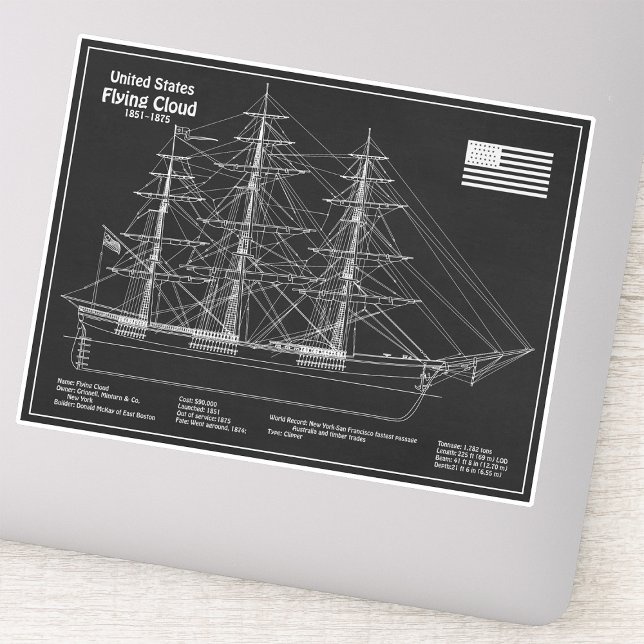 Pegatina Barco Clipper Flying Cloud - Plano del barco PD (Clipper Ship Flying Cloud - Ship Blueprint PD. Sticker)