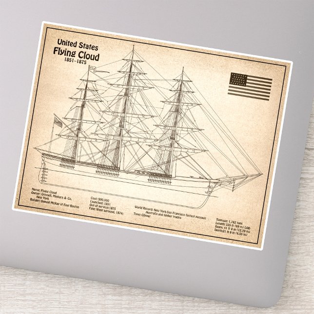 Pegatina Barco Clipper Flying Cloud - Plano del barco SD (Clipper Ship Flying Cloud - Ship Blueprint SD. Sticker)
