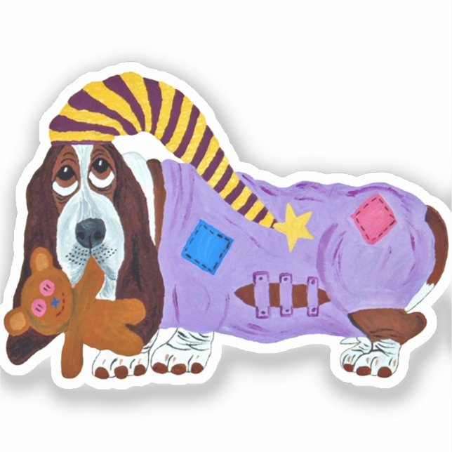 Pegatina Basset Hound in PJs with teddy bear (Anverso)