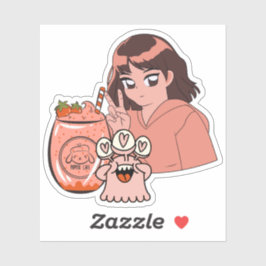 Pegatina Batido de Fresa Kawaii y Chica de Anime con Signo 