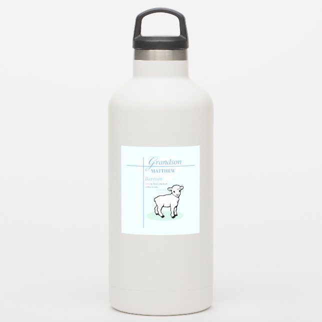 Pegatina Bautismo de nieto Cordero de niño azul personaliza (Botella de agua)