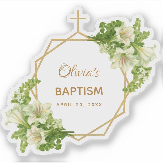 Pegatina Bautizo de Niña Floral Dorado Lirios Blancos Geomé (Anverso)
