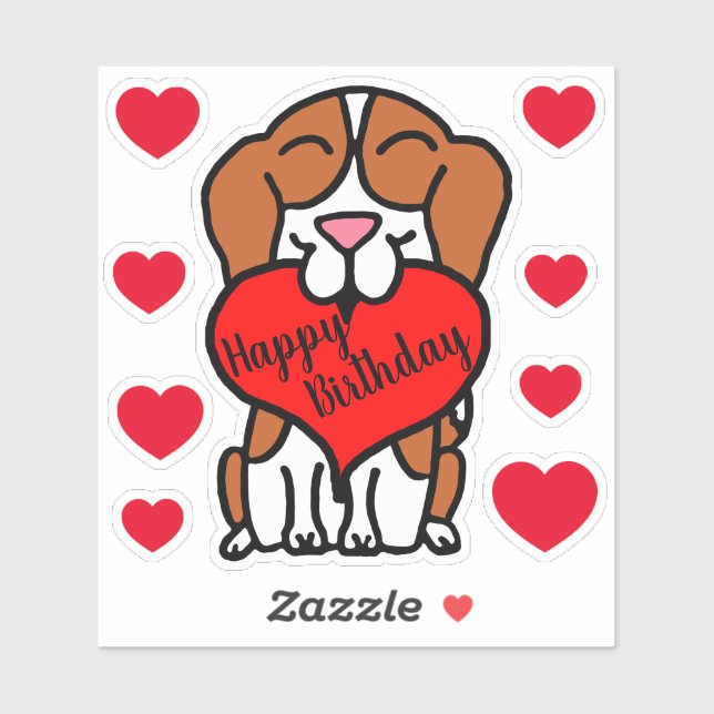Pegatina Beagle Happy Birthday Hearts (Hoja)