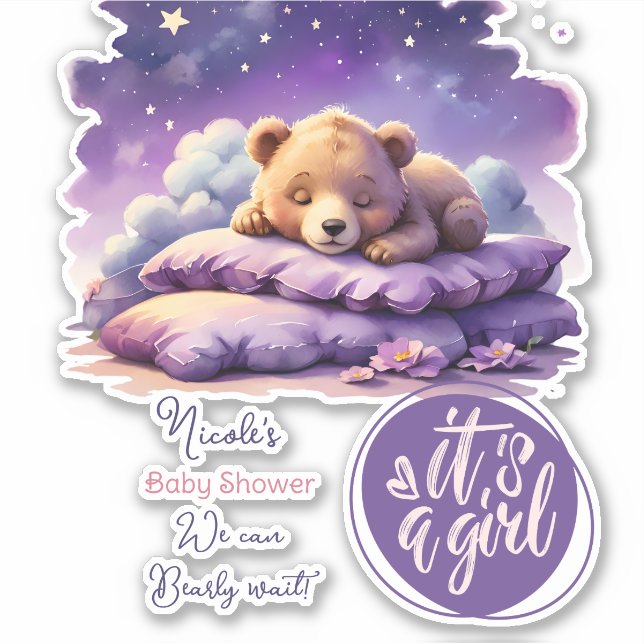 Pegatina Bear Bear Sleeping Purple Galaxy Chica Baby Shower (Anverso)