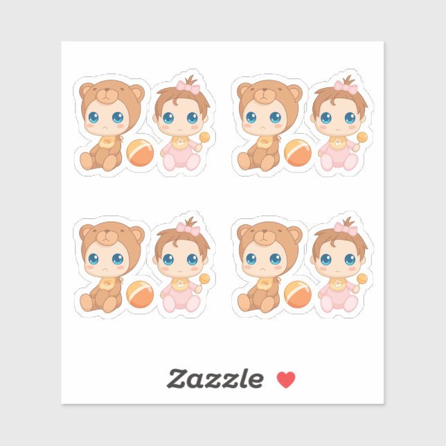 Pegatina Bebé Chica Twins con traje de salto de 4 (Hoja)