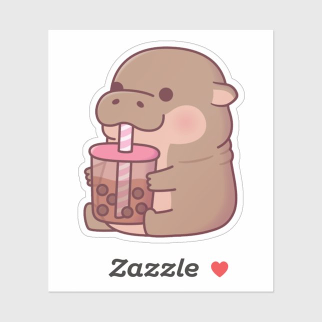 Pegatina Bebé lindo Hippo Beber Boba Tea (Hoja)