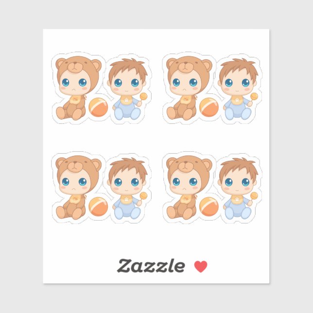 Pegatina Bebé niño Twins con traje de rompecabezas de 4 (Hoja)