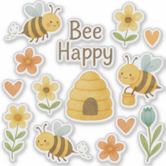 Pegatina "BEE HAPPY"- süße Bienen mit Blumen