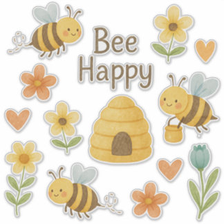 Pegatina "BEE HAPPY"- süße Bienen mit Blumen- Aquarell