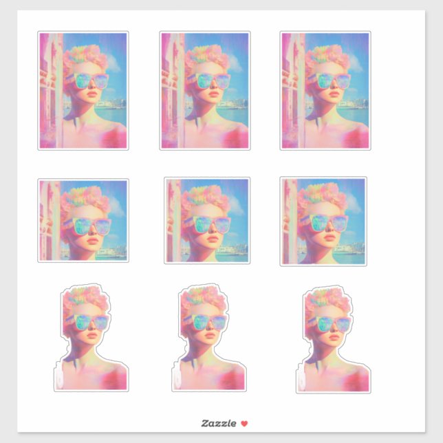 Pegatina Belleza costera neón con gafas de sol (Hoja)