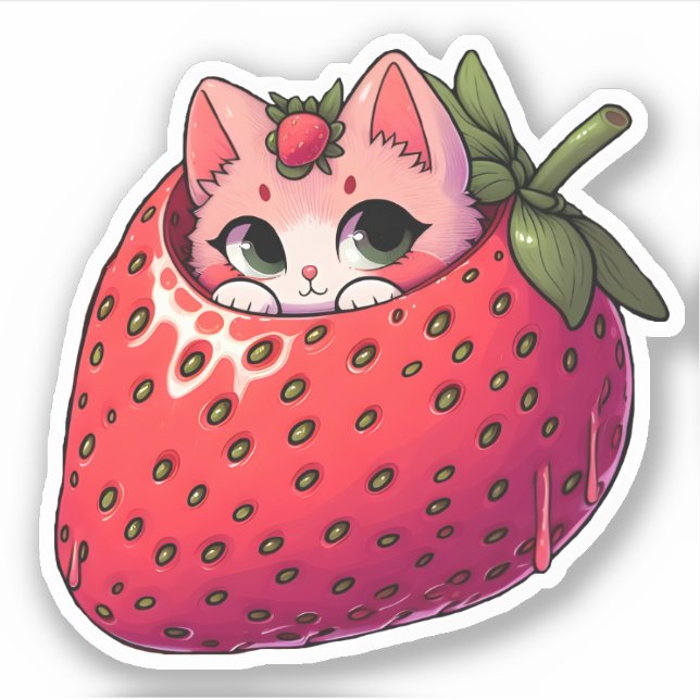 Pegatina Berry Purrfection: Gato rosa dentro de una fresa (Anverso)