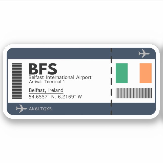Pegatina BFS Belfast Boarding Pass - Aeropuerto Ticket (Anverso)