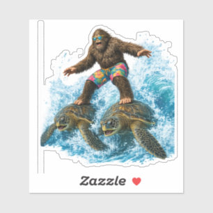 Pegatina Bigfoot Surfando en Dos Tortugas Marinas