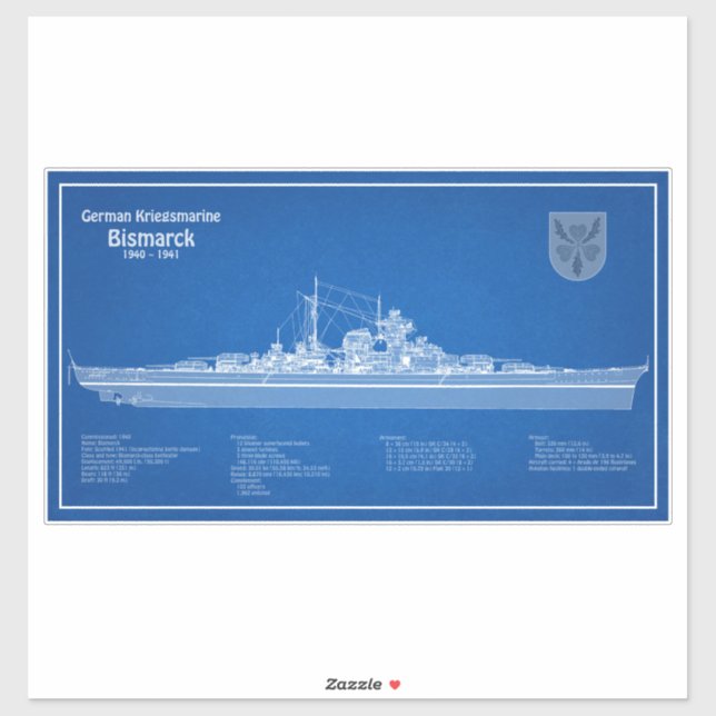 Pegatina Bismarck - Planes de Blueprint de Battleship (Hoja)