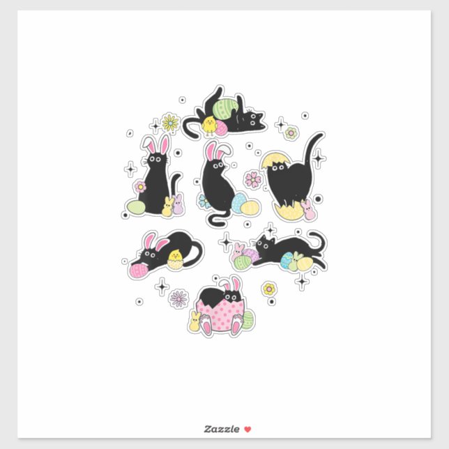 Pegatina Black Cat with Bunny Eggs Happy Easter Day Matchin (Hoja)