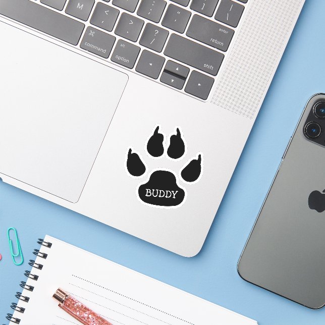Pegatina Black Dog Paw Print With Name (Ordenado portátil con iPhone)