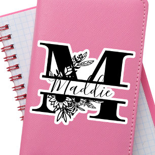 Pegatina Blanco y Negro Moderno Elegante Nombre "M"