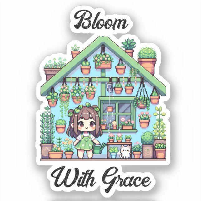 Pegatina Bloom con gracia | Chica Kawaii con plantas (Anverso)