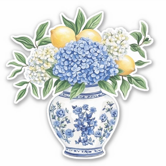 Pegatina Blue and White Chinoiserie Vase With Hydrangeas (Anverso)