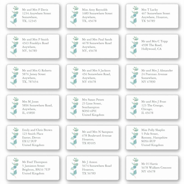 Pegatina Blue EucaIyptus Nombre de destinatario individual (Anverso)