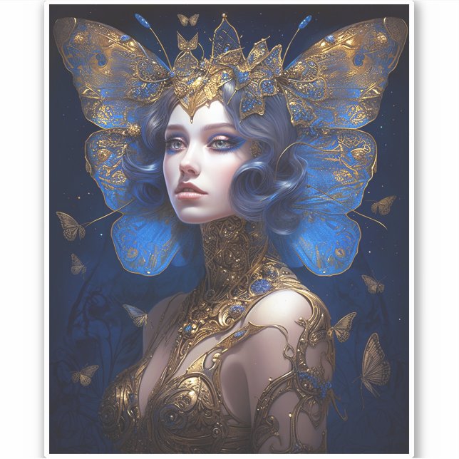 Pegatina Blue Gold Fairy Fantasy Art (Anverso)