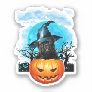 Pegatina Blue Moon Black Pug Witch Pumpkin Halloween