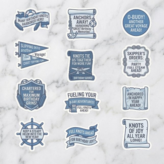 Pegatina Blue Nautical Slogan Birthday Sticker Sheet (A sea of birthday smiles.)