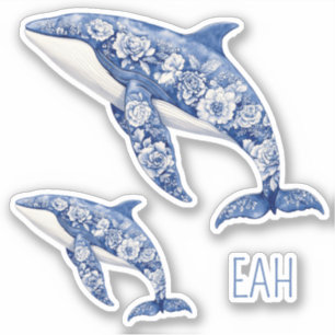 Pegatina Blue Toile Floral Beach Dolphins Monograma