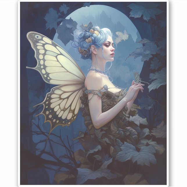 Pegatina Blue Woodland Fairy Fantasy Art (Anverso)