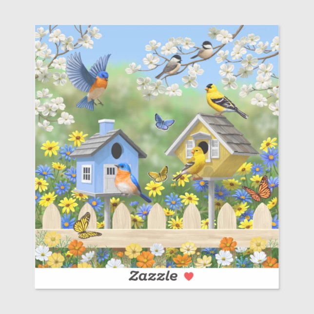 Pegatina Bluebirds Goldfinches Birdhouses Flower Garden (Hoja)
