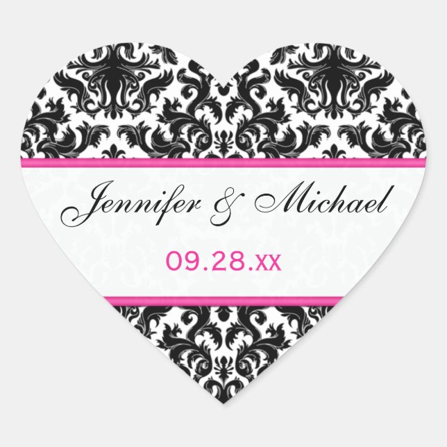Pegatina Boda Black White Pink Damask de 1,5" (Anverso)