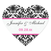 Pegatina Boda Black White Pink Damask de 1,5"