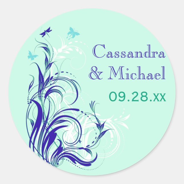 Pegatina Boda Blue Green White Aqua Floral de 1,5" (Anverso)