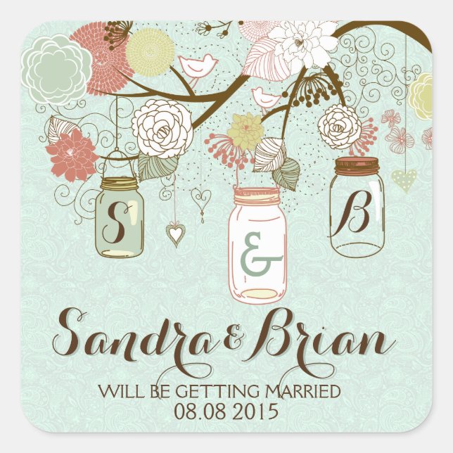 Pegatina Boda colgando a Mason Jar y Flores (Anverso)