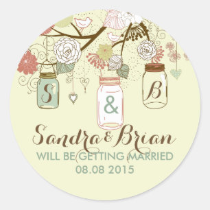Pegatina Boda colgando Mason Jar & Retro Flowers
