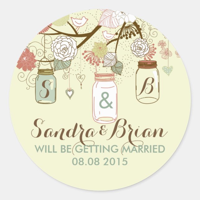 Pegatina Boda colgando Mason Jar & Retro Flowers (Anverso)
