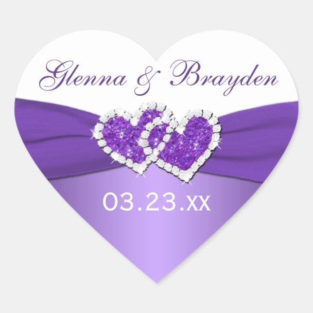 Pegatina Boda de corazones morados y blancos unido (Anverso)