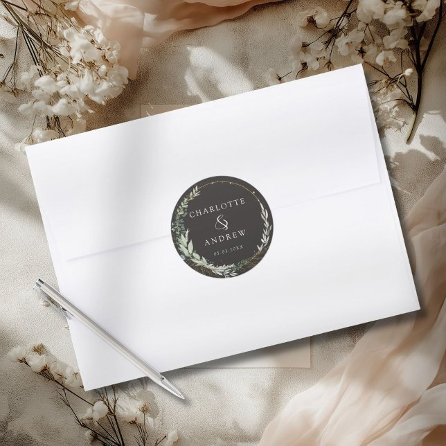 Pegatina boda de eucalipto moderno y elegante (Modern Elegant Eucalyptus Wedding Sticker with your Name & Date.)