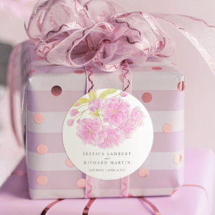 Pegatina boda de flores dobles con flores rosadas