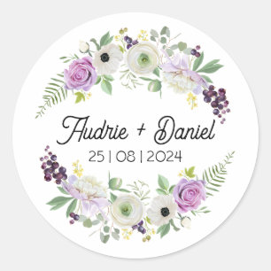 Pegatina Boda de flores violetas y rusticas verdes