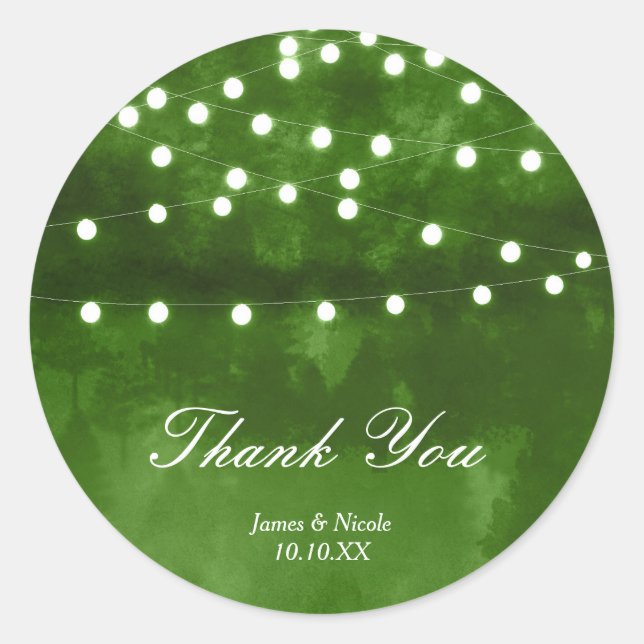 Pegatina Boda de Green Forest Rustic String Lights (Anverso)