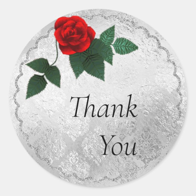 Pegatina Boda de Rosa Roja y Plata (Anverso)